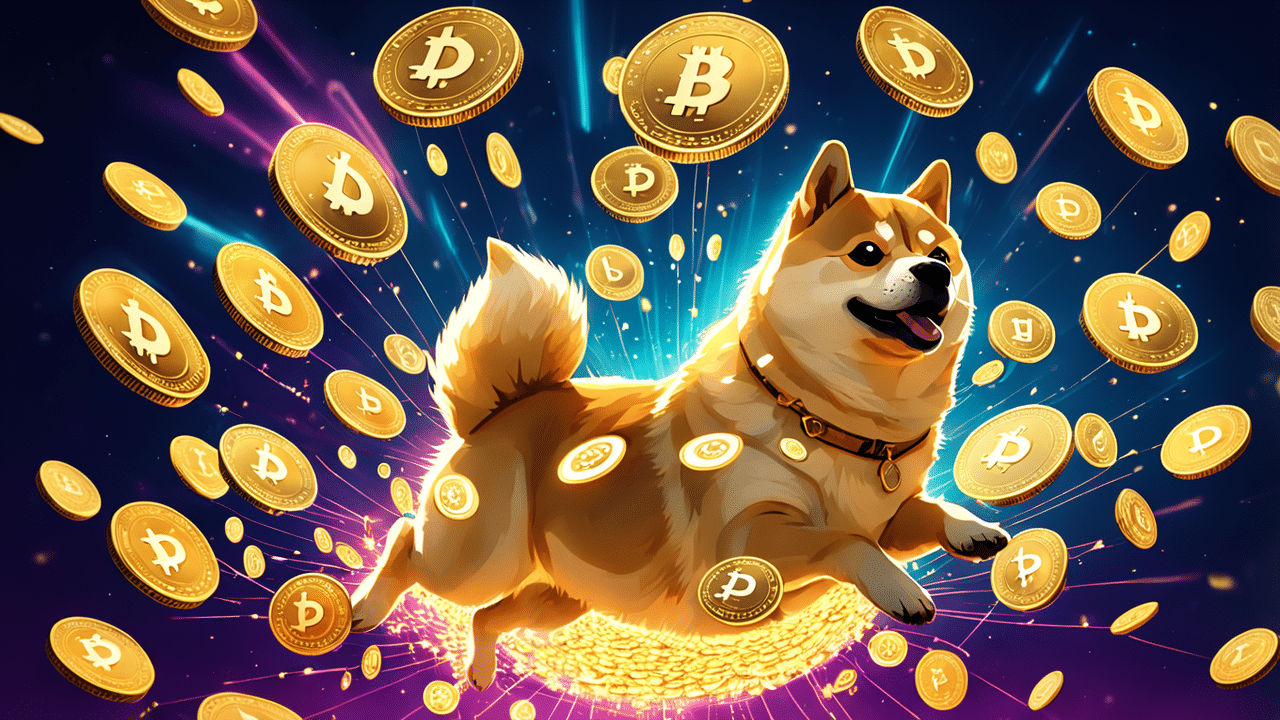 an imaginative image of a digital wallet overflowing with dogecoin symbols the wallet is glowing a 1