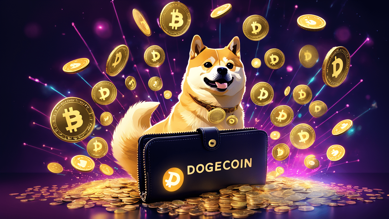 an imaginative image of a digital wallet overflowing with dogecoin symbols the wallet is glowing a 2