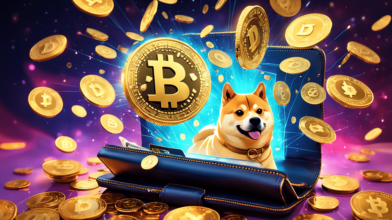 an imaginative image of a digital wallet overflowing with dogecoin symbols the wallet is glowing a