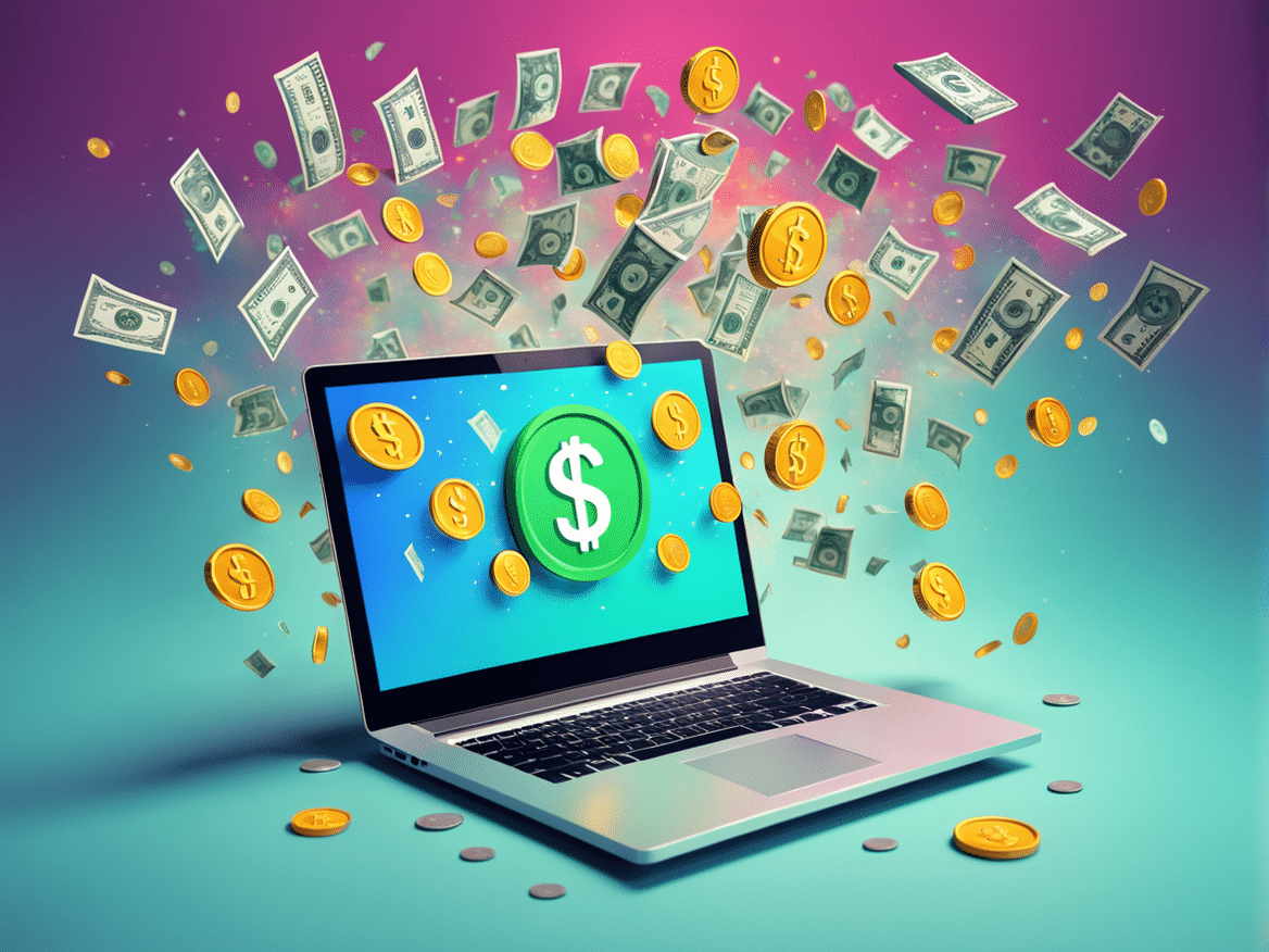 an imaginative image of a laptop or smartphone surrounded by floating icons of money like dollar si