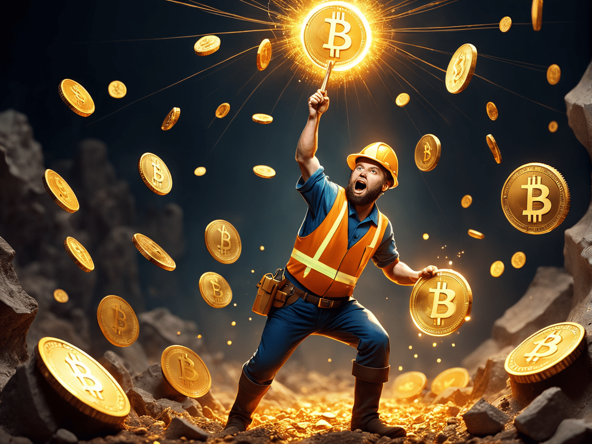 an imaginative image of a miner striking gold but instead of gold they uncover glowing cryptocurre 1
