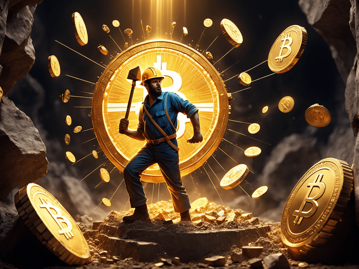 an imaginative image of a miner striking gold but instead of gold they uncover glowing cryptocurre