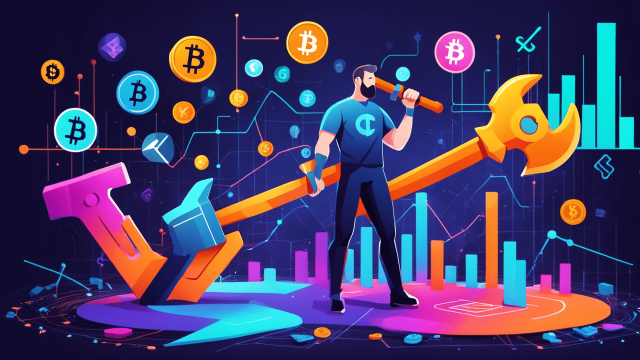 an imaginative image showing a person holding a digital wrench or hammer with floating cryptocurren 1