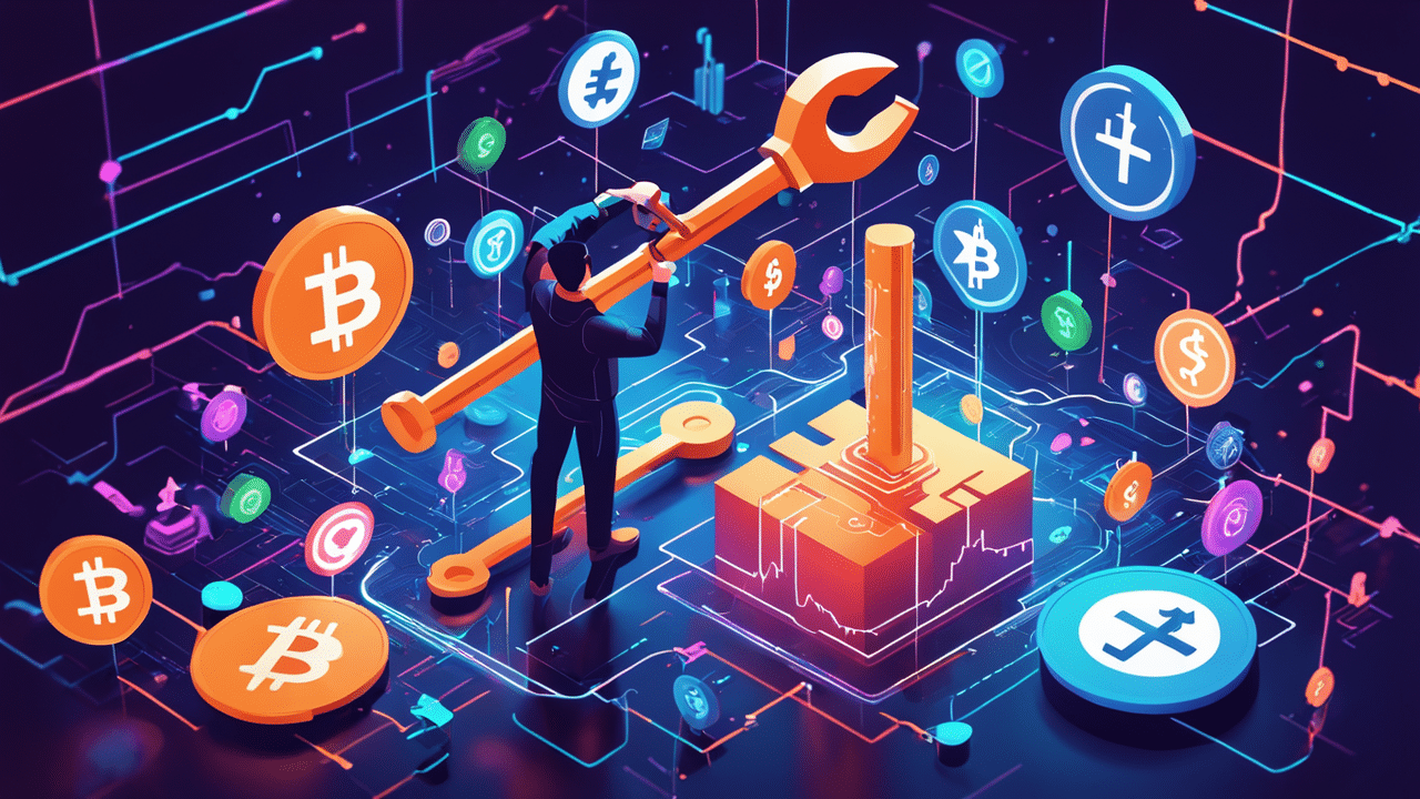 an imaginative image showing a person holding a digital wrench or hammer with floating cryptocurren