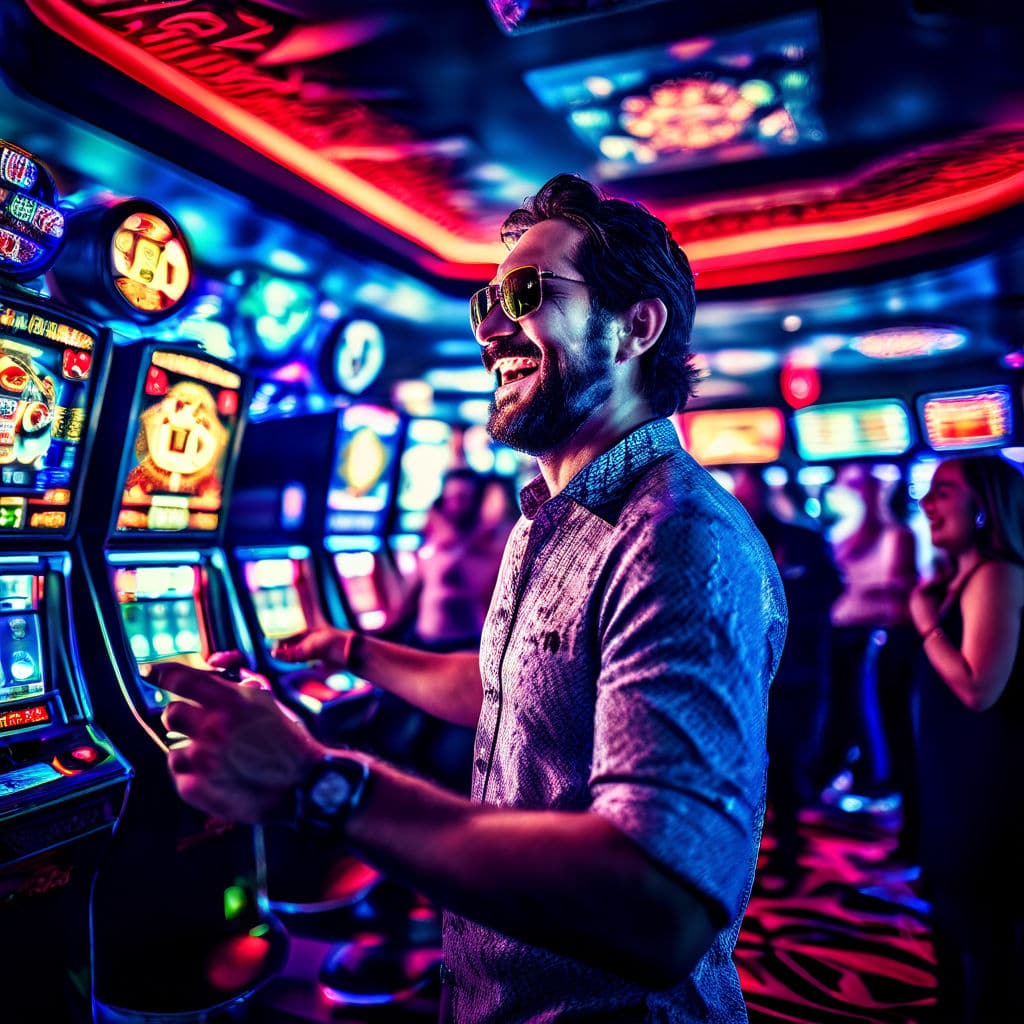 bitcoin casino interior pulsing with neon lights reflecting off rows of slot machines and roulette