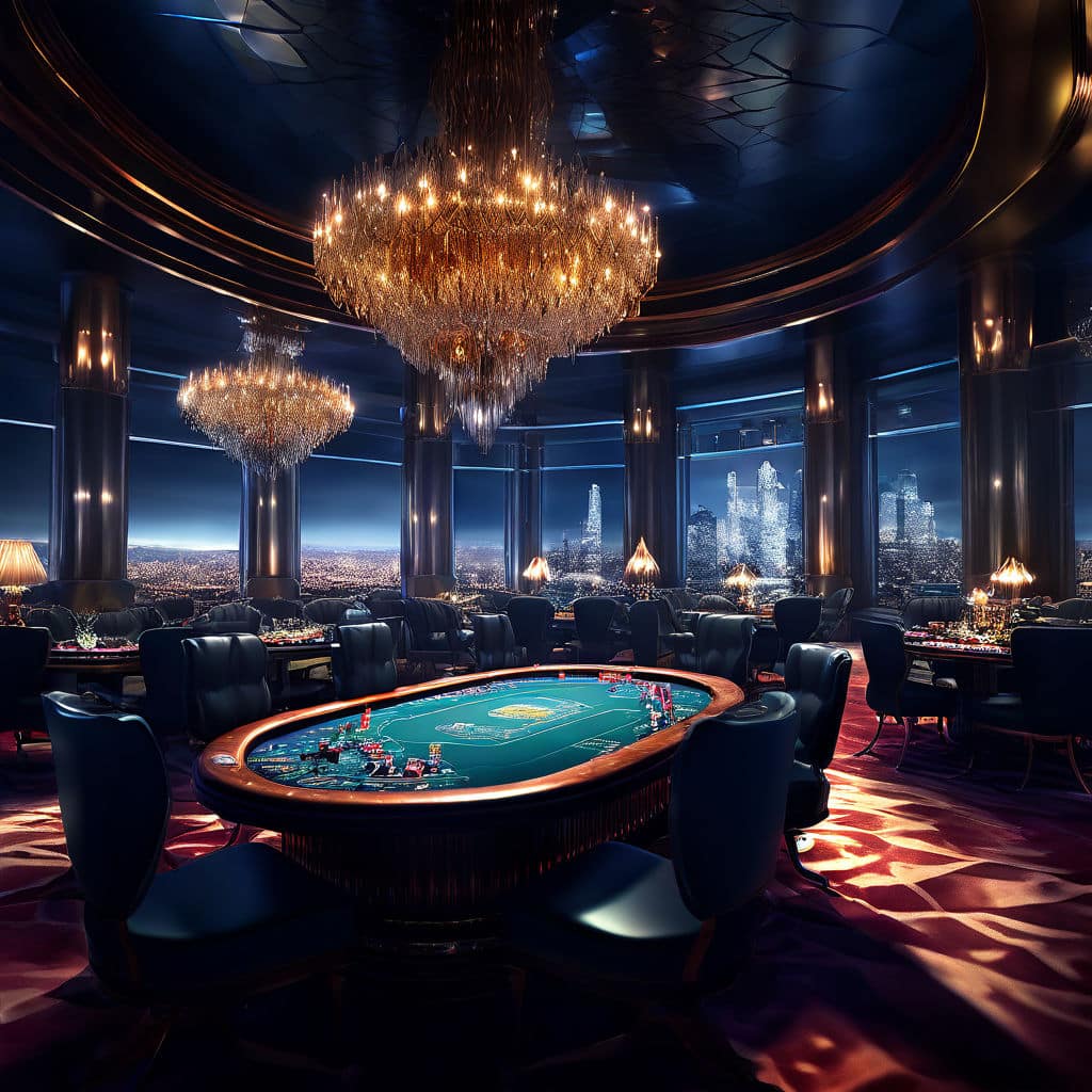 elegant bitcoin casino interior crystal chandeliers plush velvet chairs encircle blackjack table