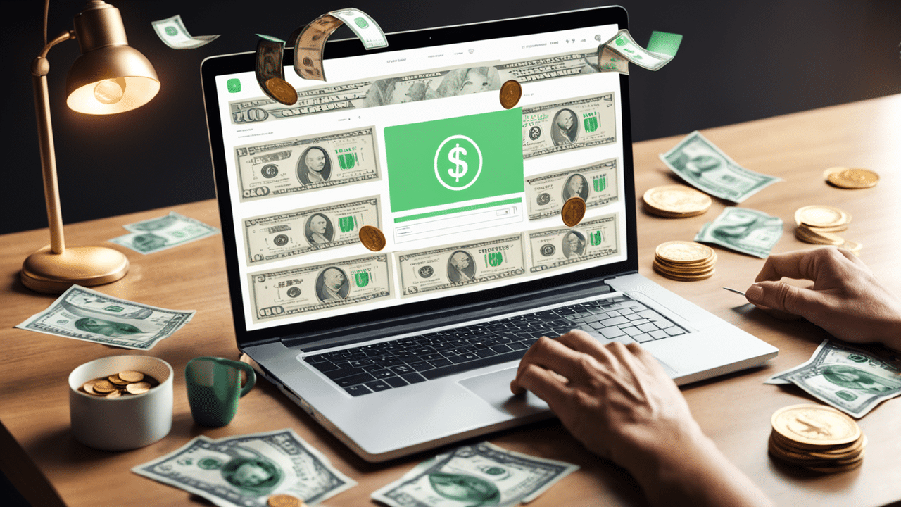 a bright and cheerful image showing a person sitting at a laptop with floating dollar bills and coi 1
