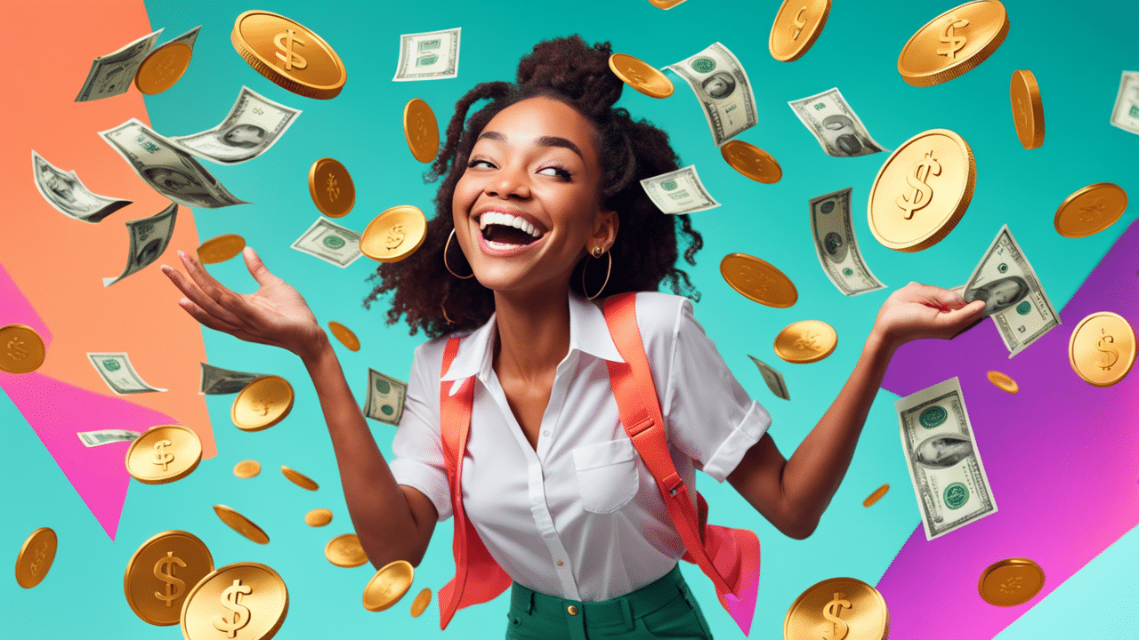 a playful scene where completed survey forms transform into floating cash and coins show a person s