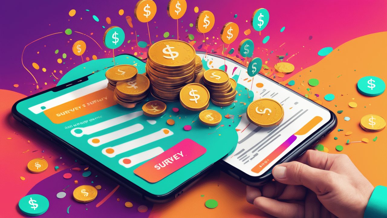 an imaginative image of a digital survey form on a smartphone with coins and dollar signs bursting