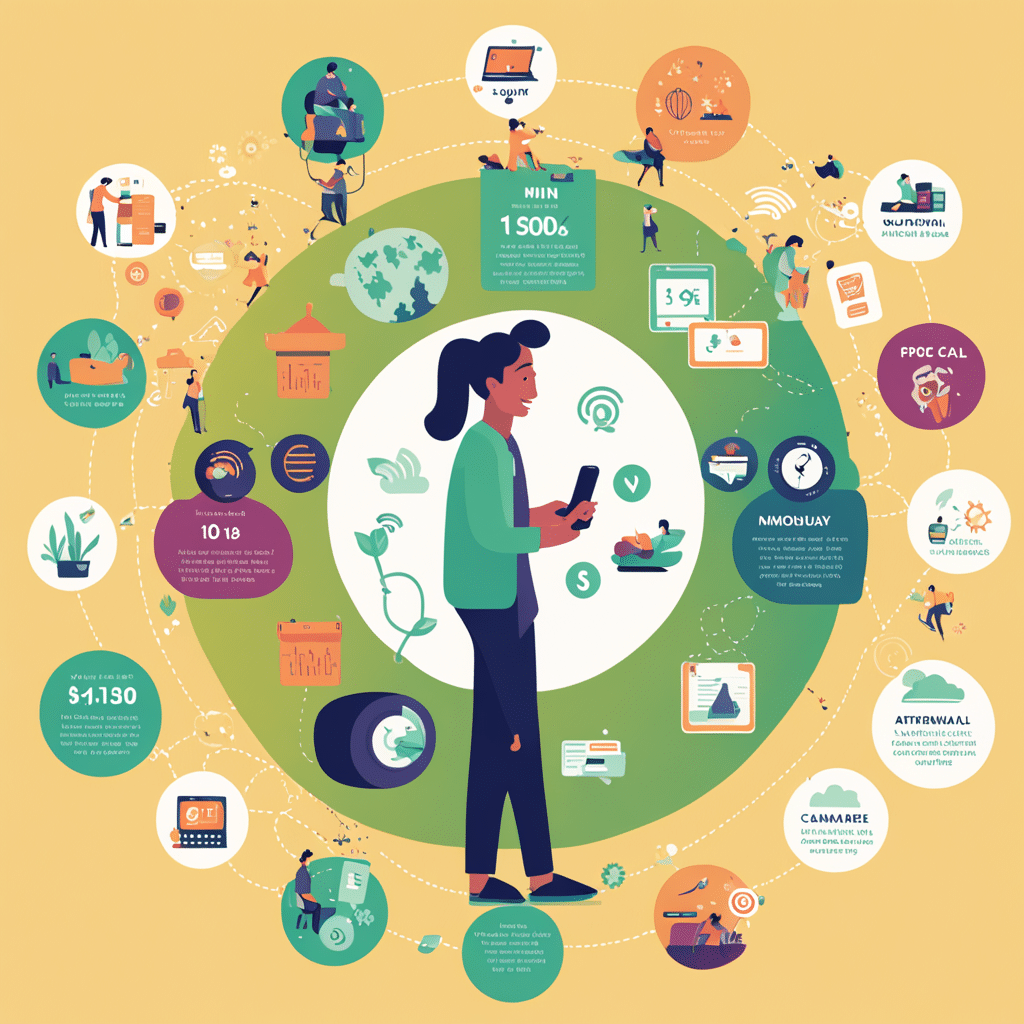 infographic vibrant color palette green framed around 100 circular array of cartoon vignette