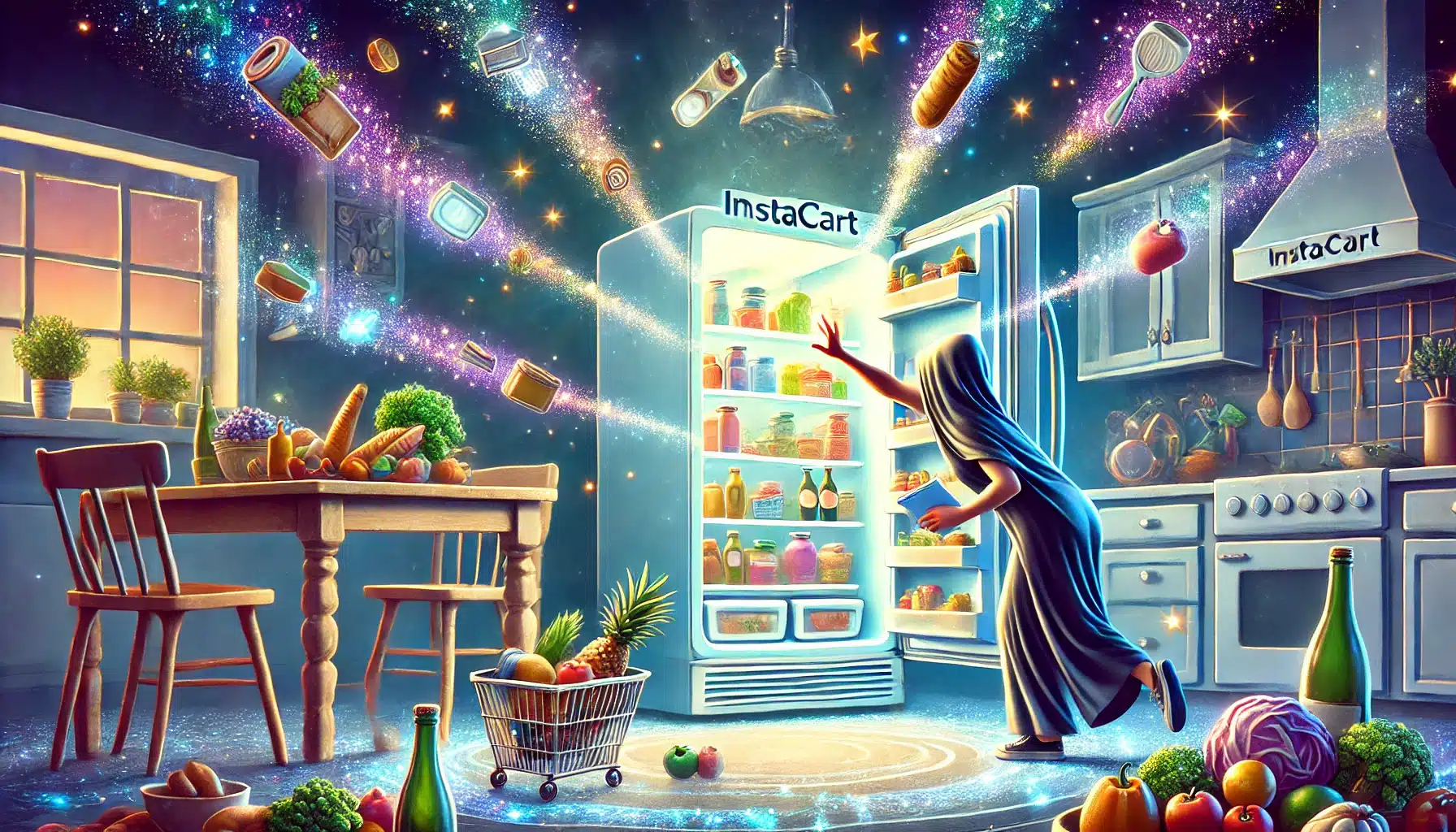 A fantastical illustration of Instacart Shopper with magic refrigerator