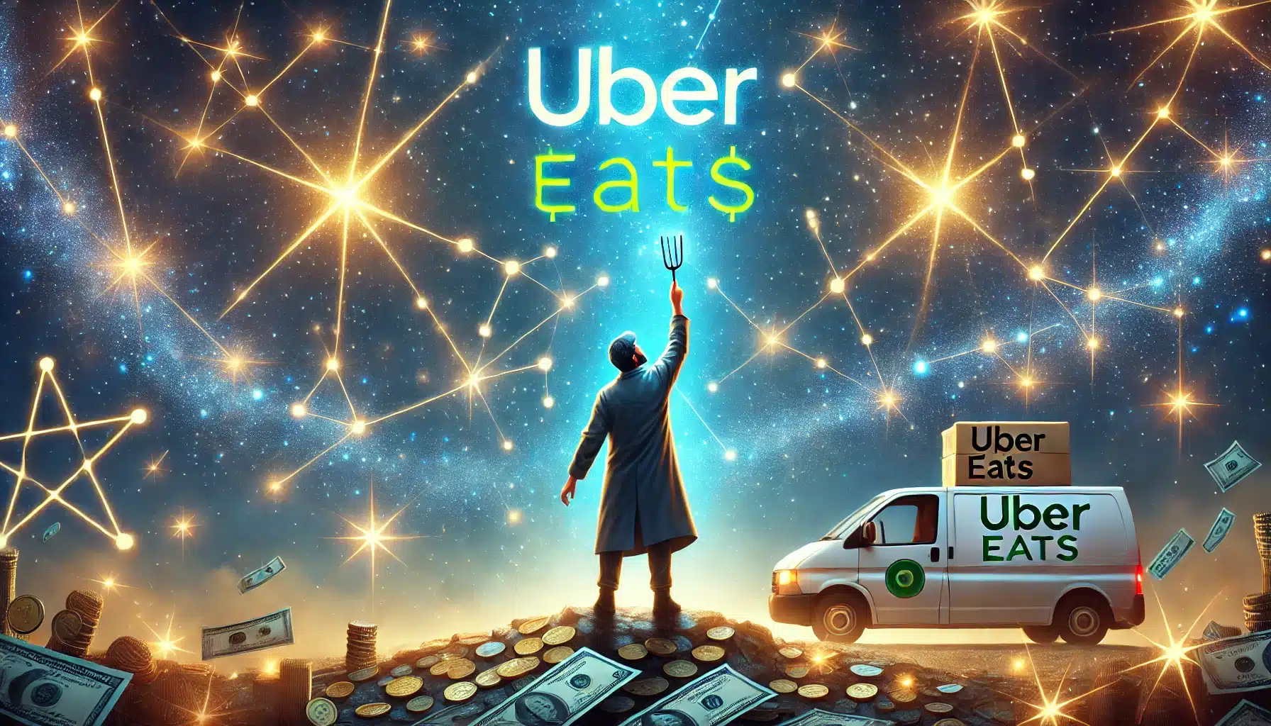A fantastical illustration of Uber Eats driver reaching for stars