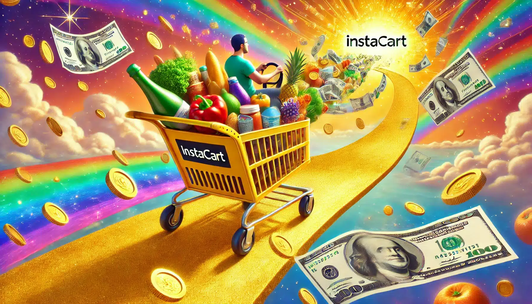 A playful image of Instacart Shopper driving cart on golden road