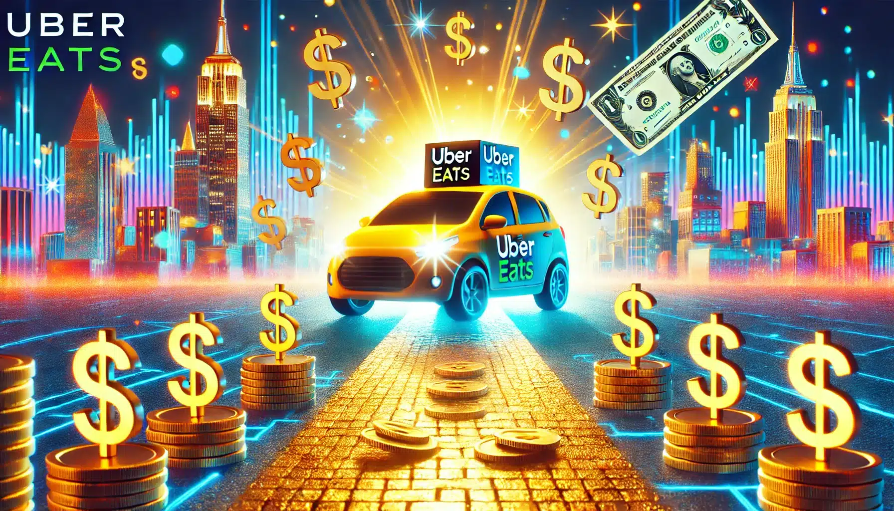 A playful image of Uber Eats car on golden road with dollar signs