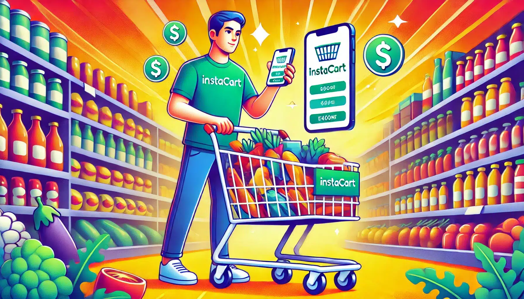 A vibrant illustration of Instacart Shopper in grocery store