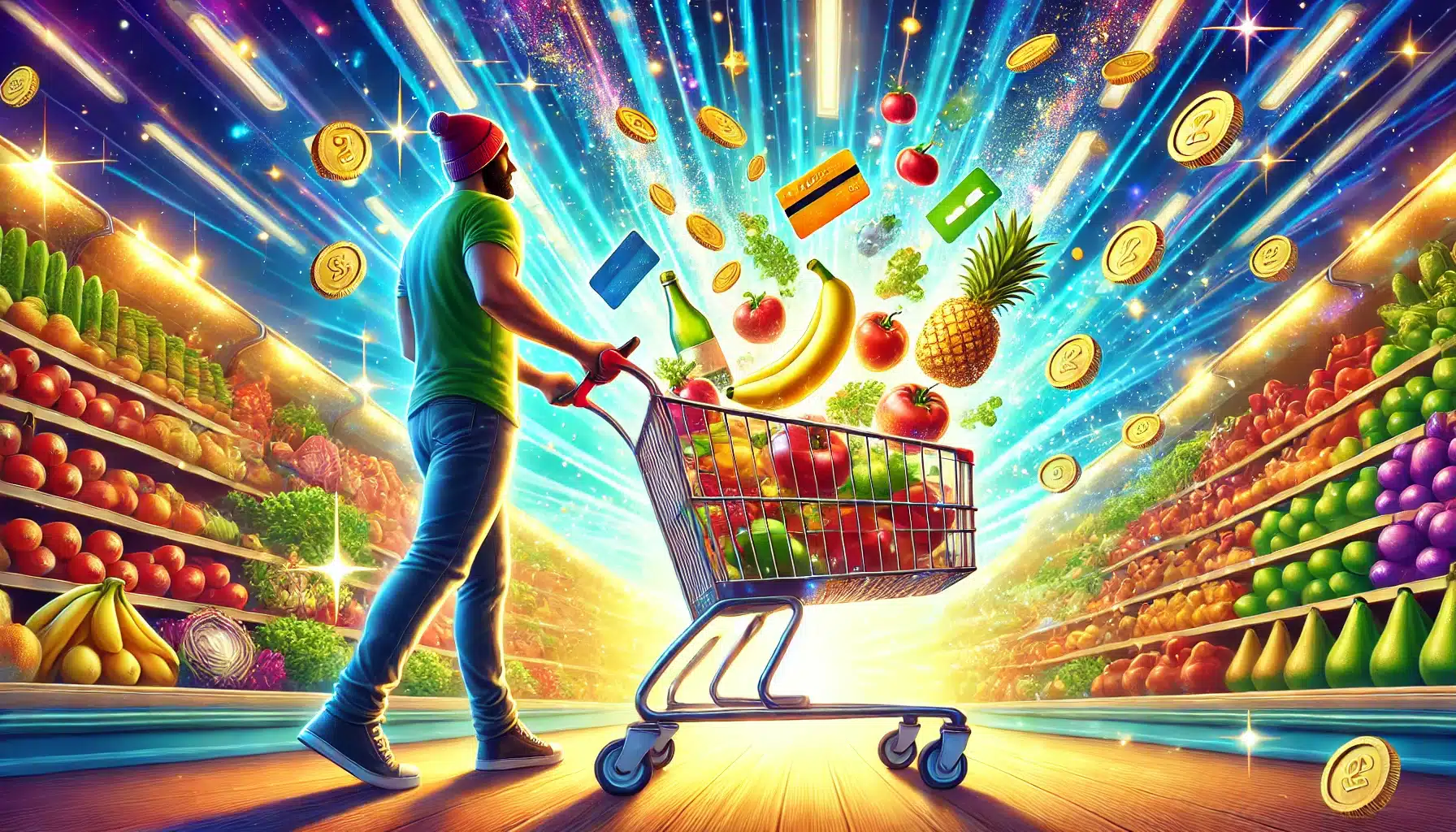 A vibrant illustration of Instacart Shopper with glowing shopping cart