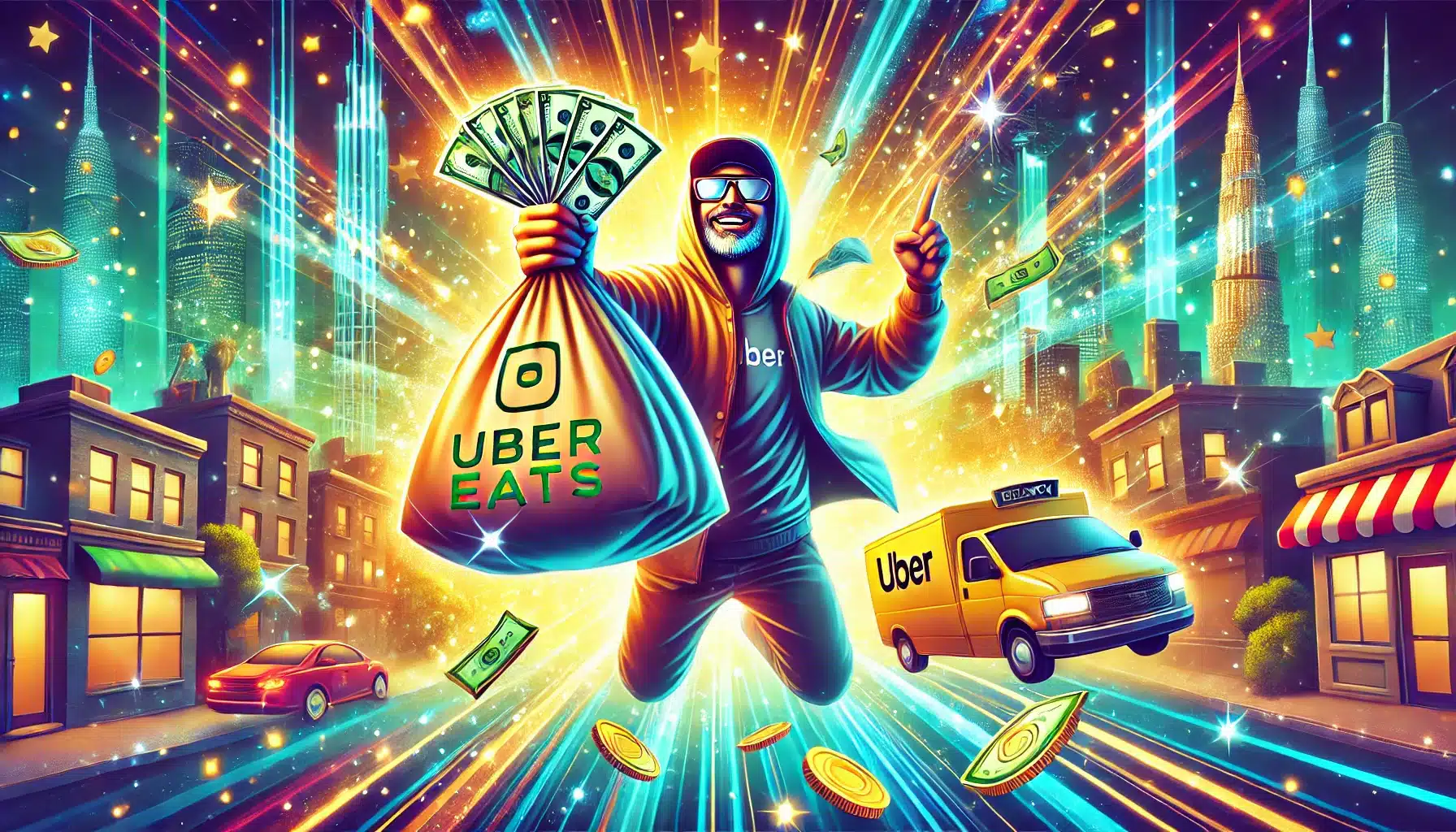 A vibrant illustration of Uber Eats driver with cash and coins