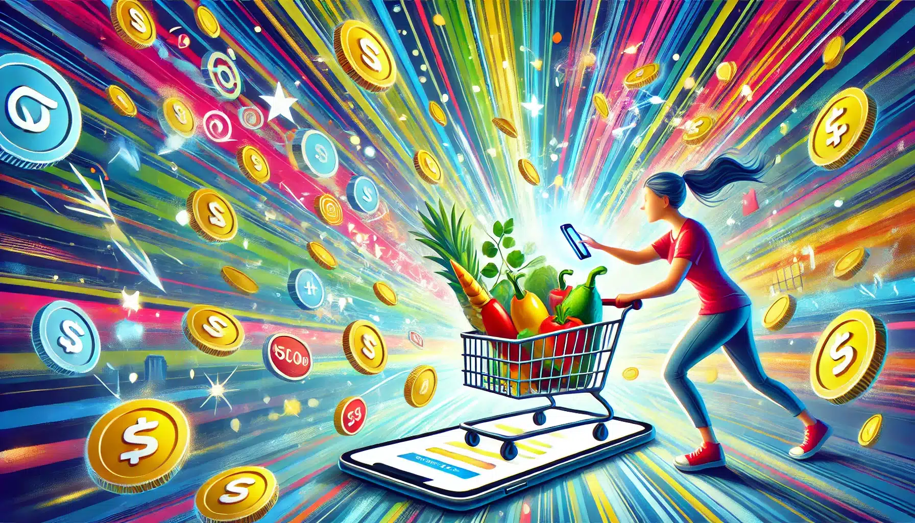 A whimsical illustration of Instacart Shopper scanning groceries with rewards