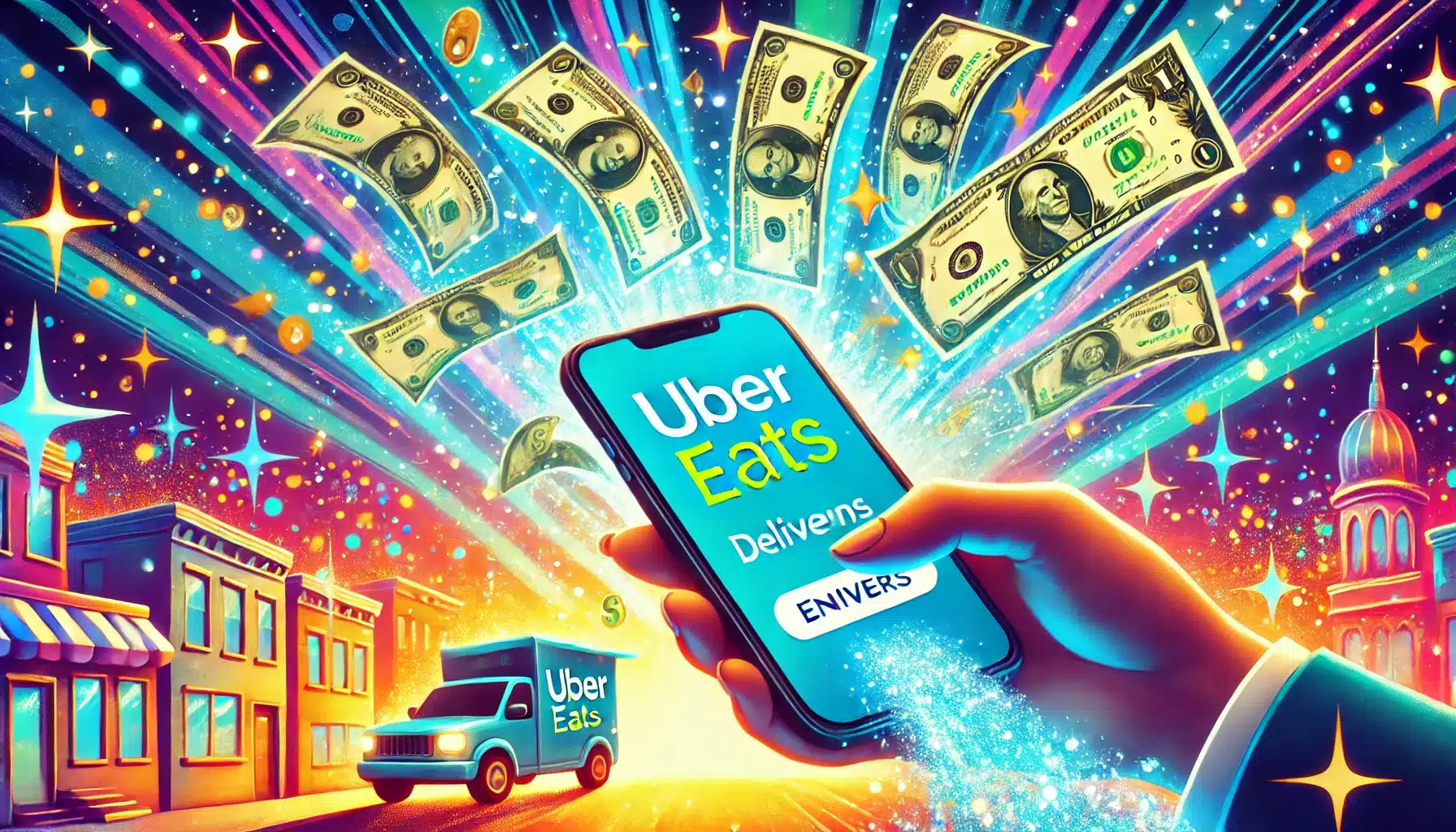 A whimsical illustration of smartphone with Uber Eats app and money