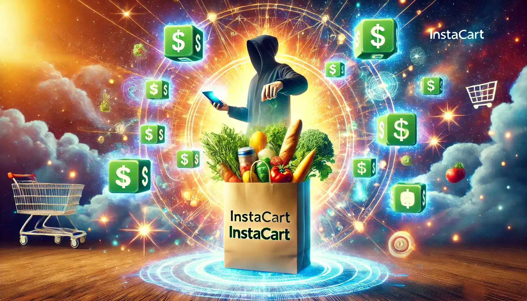 An imaginative scene of Instacart Shopper with grocery bag and money