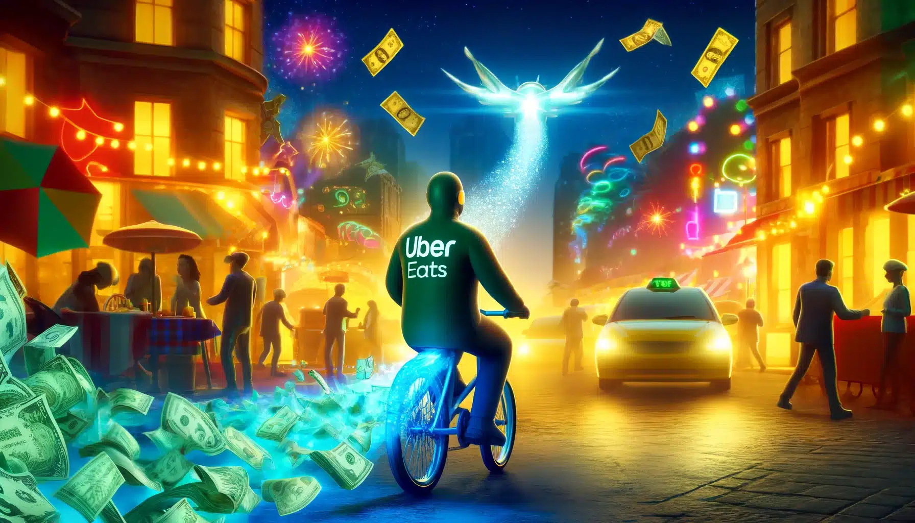 An imaginative scene of Uber Eats driver on bike with money trail