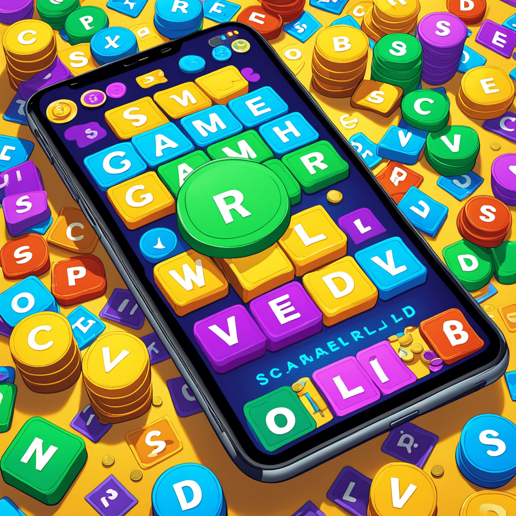 a colorful and energetic illustration of the game scrambly show a mobile phone screen displaying