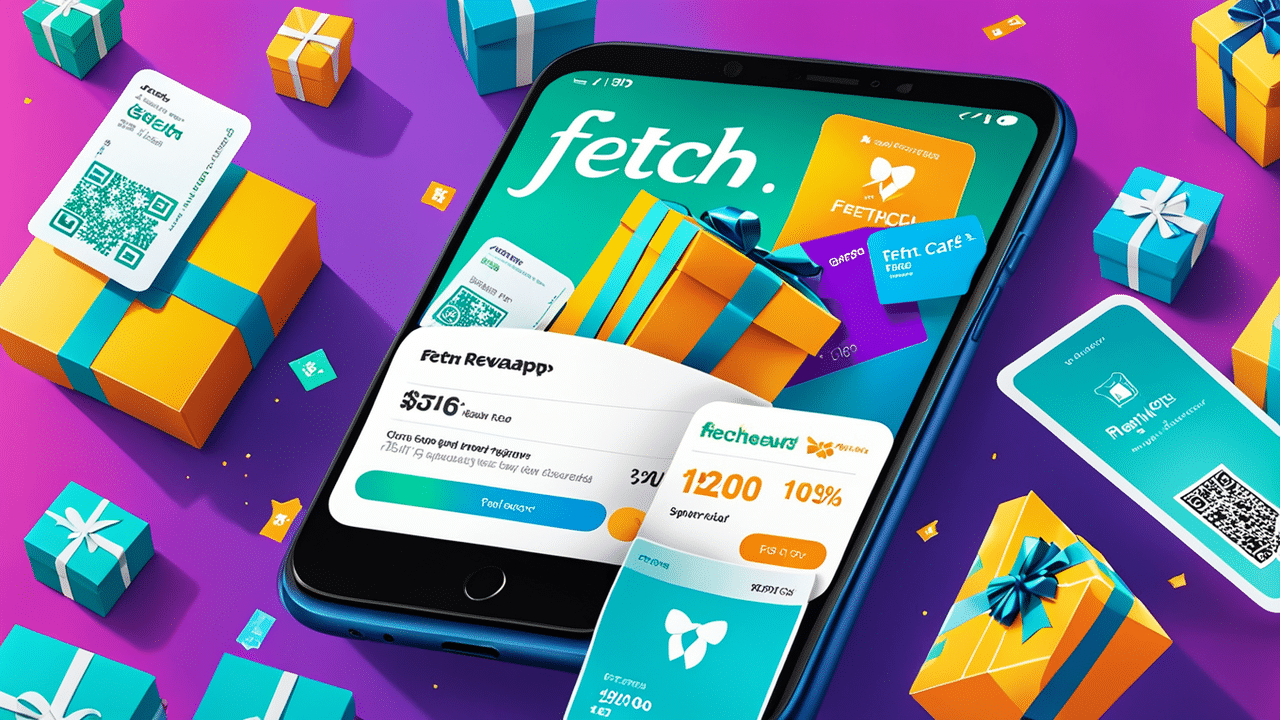 a colorful and vibrant illustration of a smartphone screen displaying the fetch rewards app with re 1