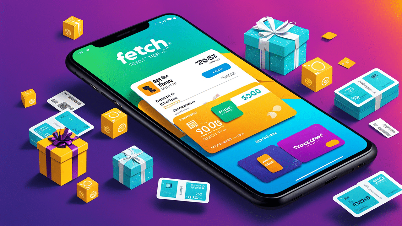 a colorful and vibrant illustration of a smartphone screen displaying the fetch rewards app with re