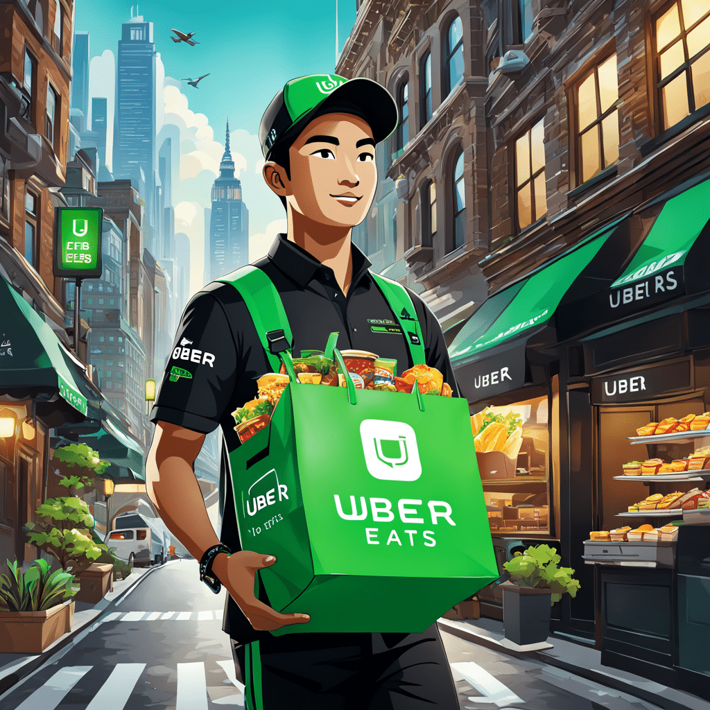 a dynamic and engaging illustration of the uber eats food delivery service show a delivery driver i