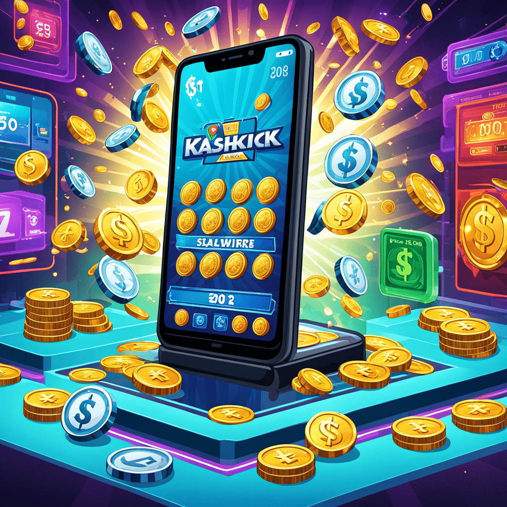 a dynamic and vibrant illustration of the game kashkick show a mobile phone screen featuring the
