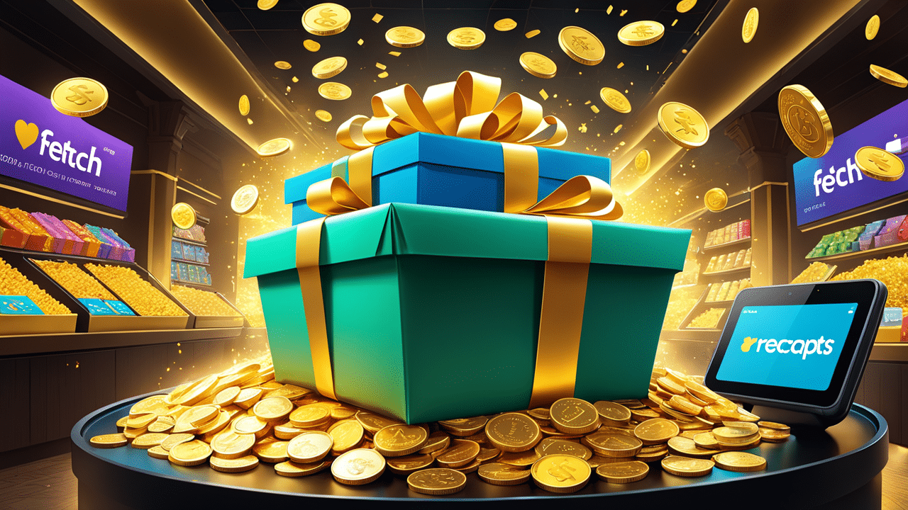 a fantastical illustration of a digital world where receipts turn into gold coins and gift cards as 1