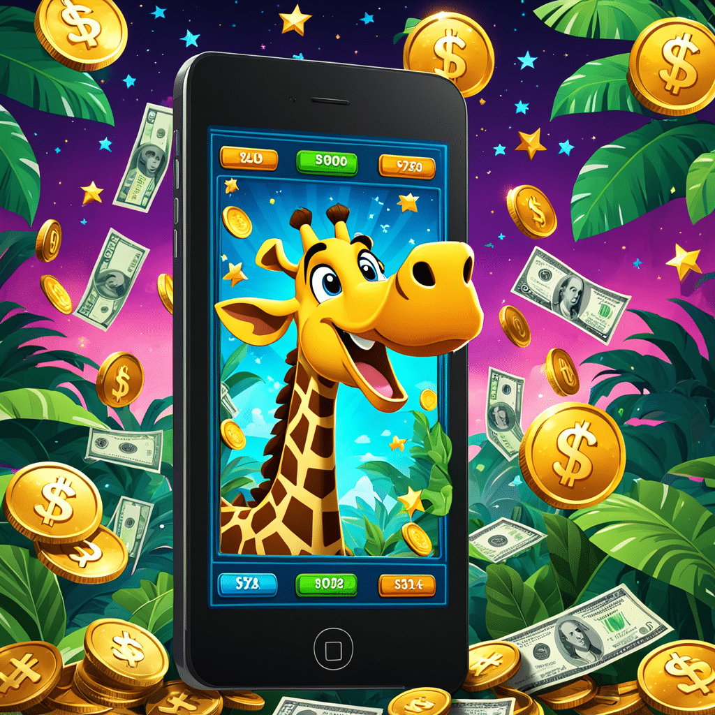 a fun and eye catching illustration of the game cash giraffe show a mobile phone screen displayin