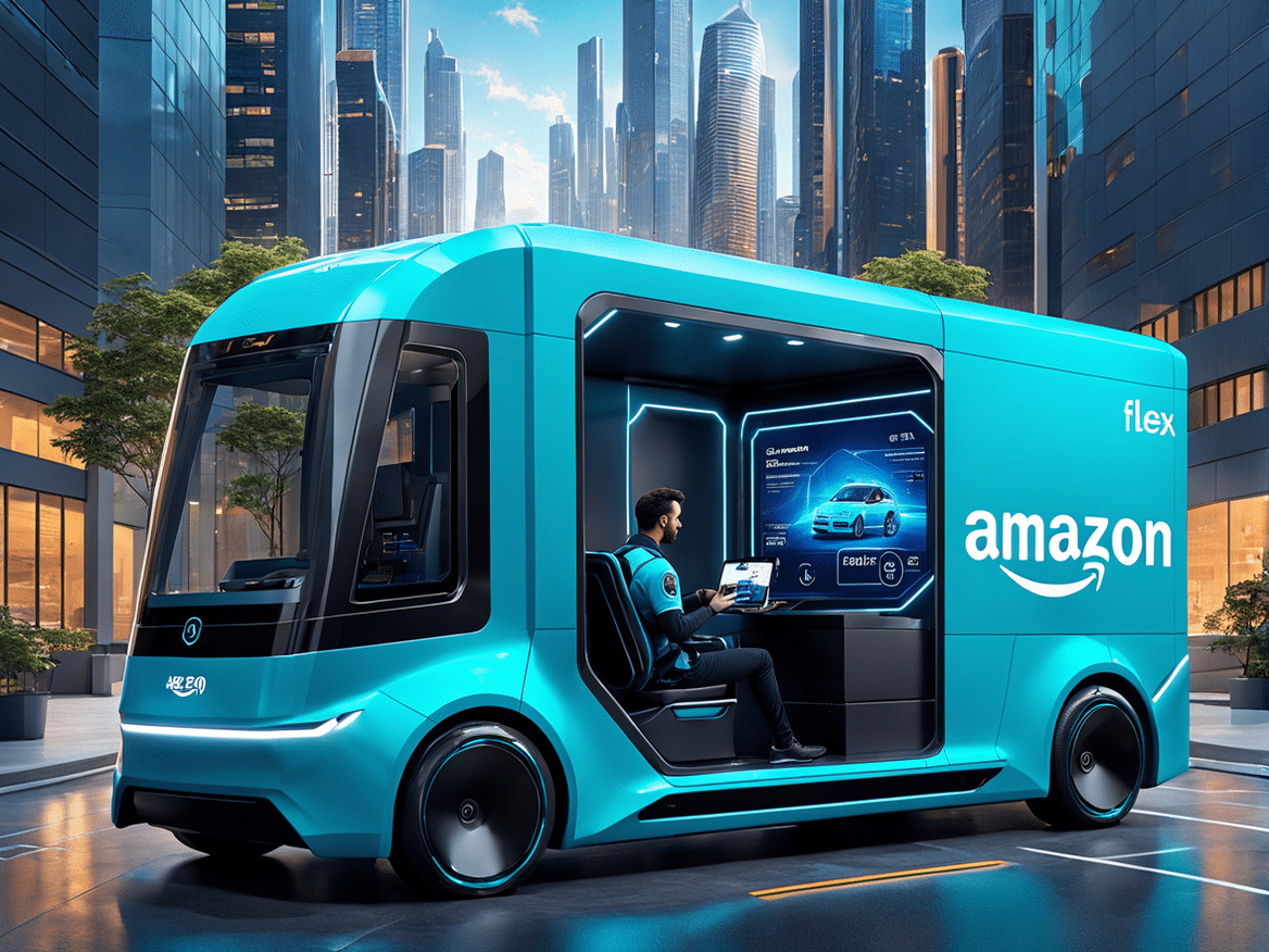 a futuristic and animated image of an amazon flex driver show the driver in a sleek modern uniform