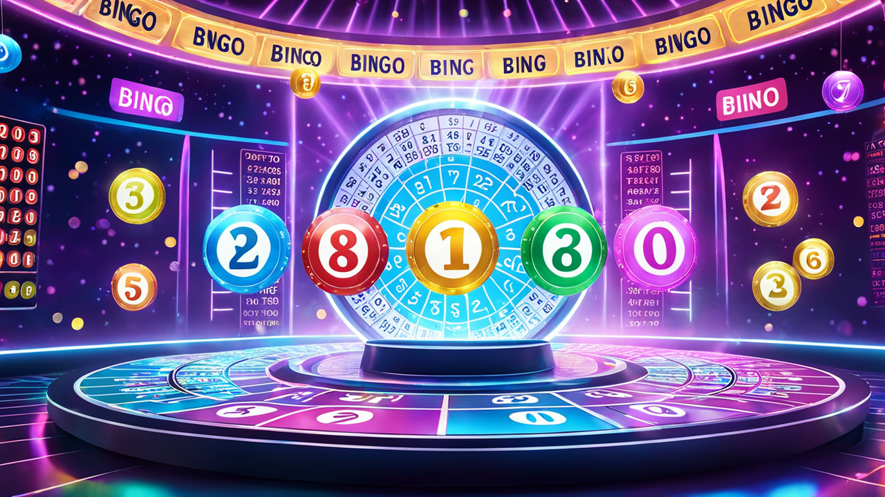 a futuristic scene where a digital bingo card is displayed on a holographic screen with numbers lig 1