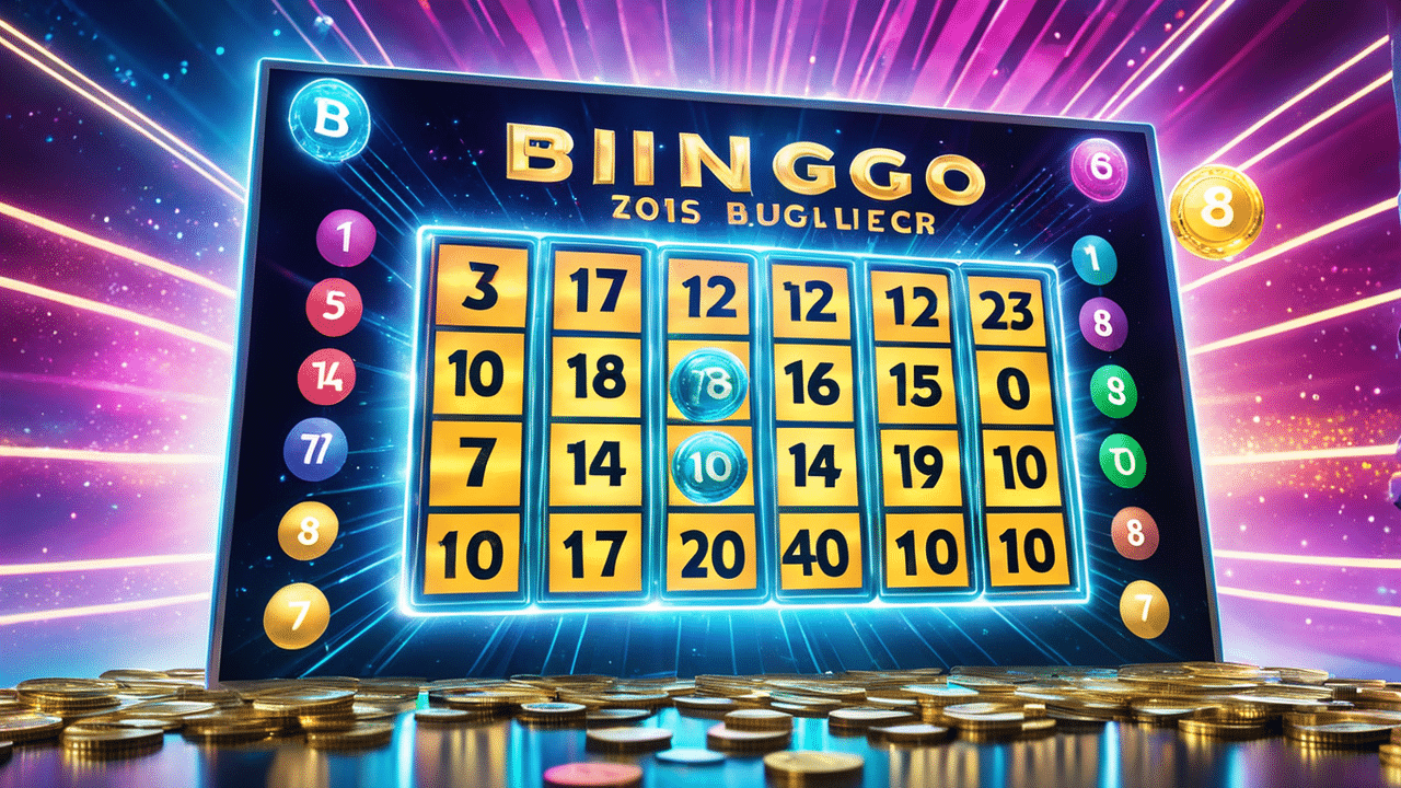 a futuristic scene where a digital bingo card is displayed on a holographic screen with numbers lig