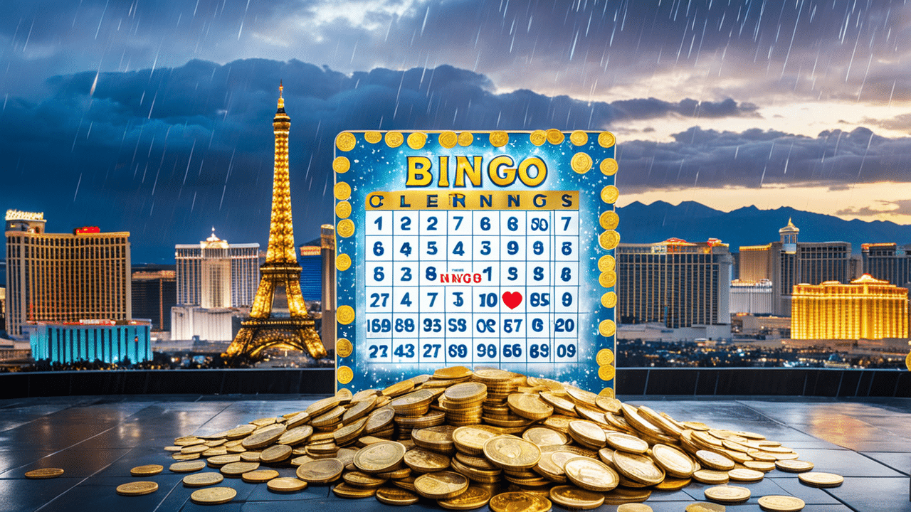 a giant bingo card under a rain of golden coins with a glowing las vegas skyline in the background
