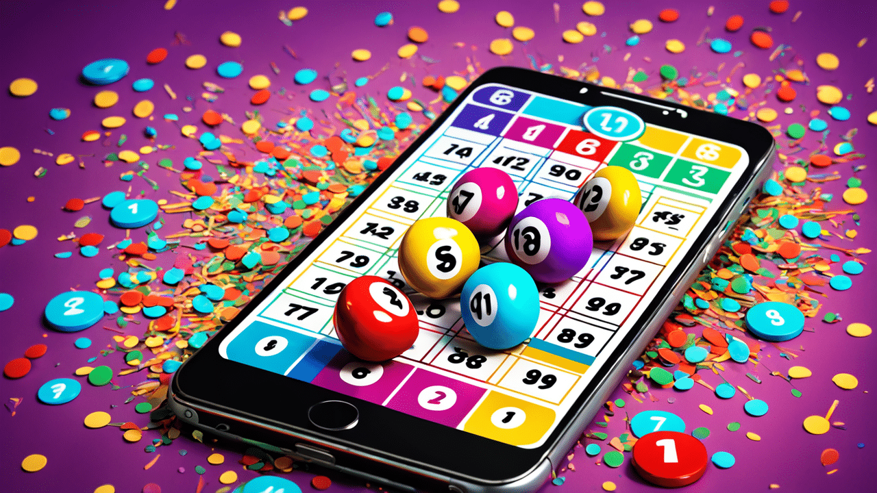 a lively and colorful image of a digital bingo card on a smartphone with numbers being marked off a