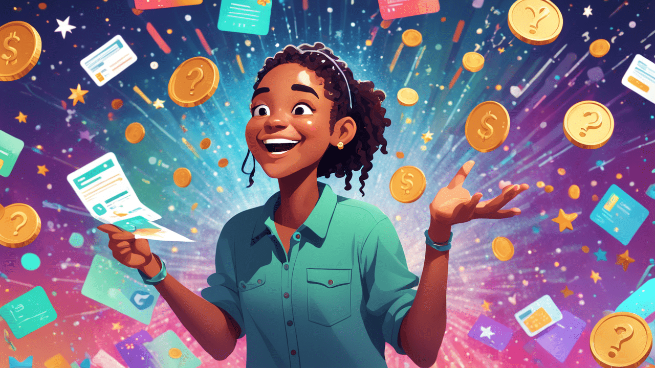a playful image of a person happily clicking through survey questions with a shower of coins gift