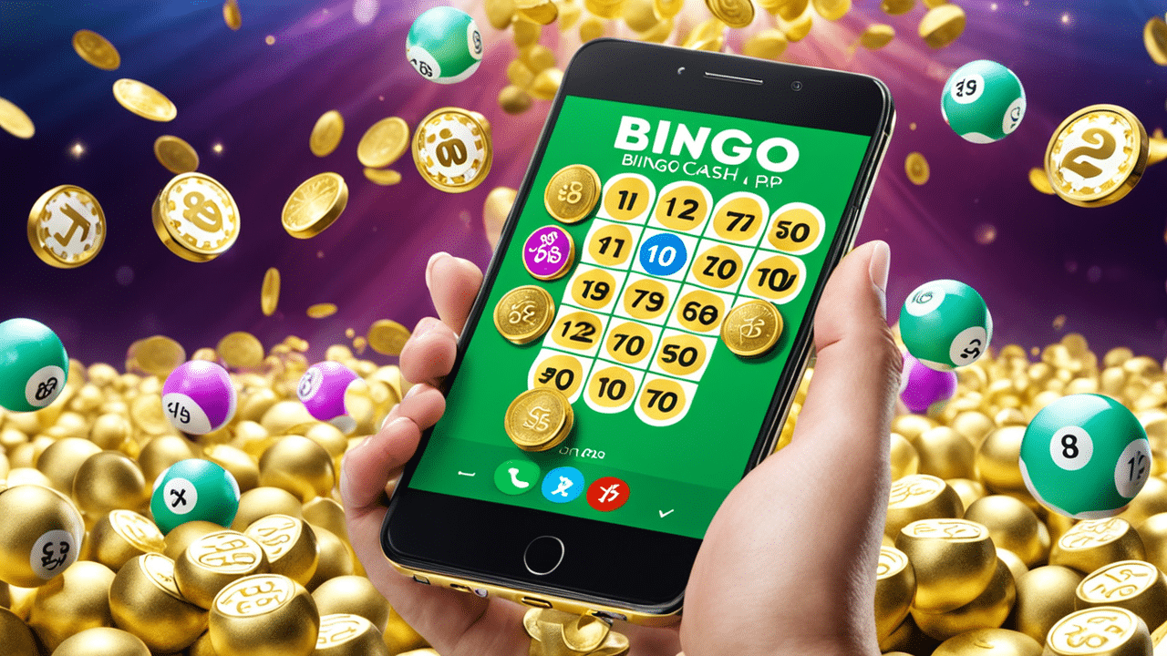 a playful image of a person holding a smartphone with the bingo cash app open surrounded by floatin