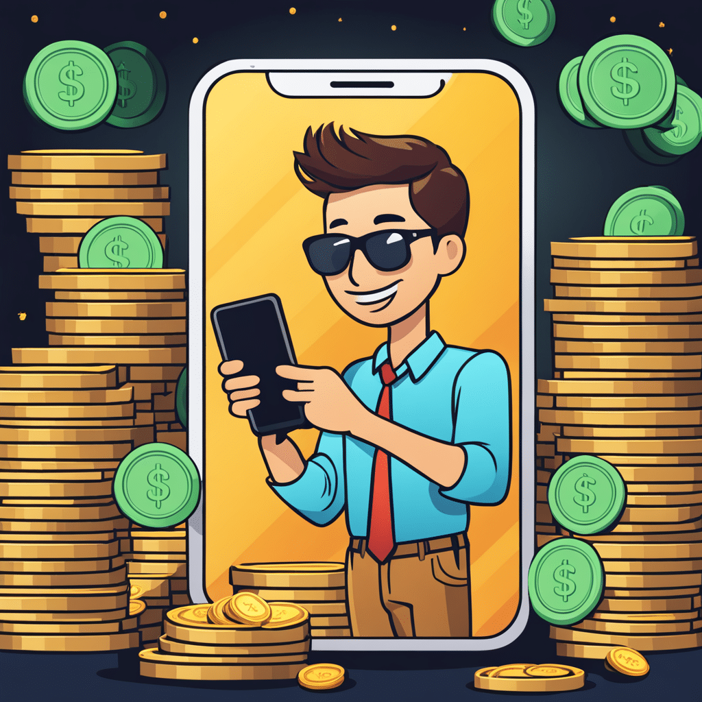 a realistic and captivating image of a person earning a lot of money from a mobile app they develope