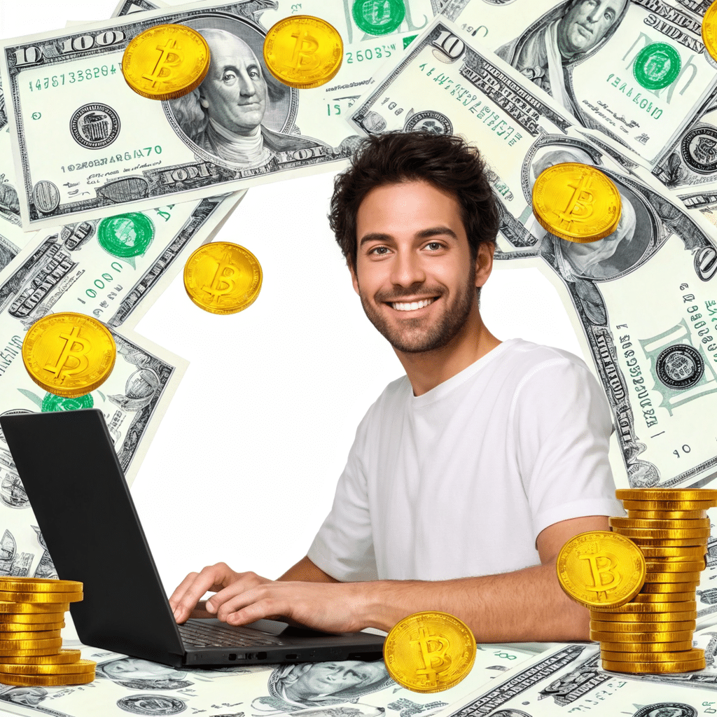 a realistic and captivating image of a person earning a lot of money through affiliate marketing sh