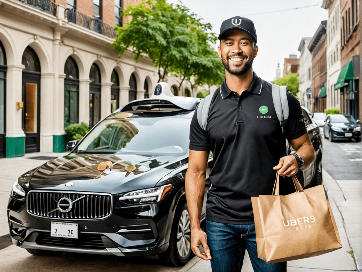 a realistic and engaging image of an uber eats driver earning a lot of money show the driver smilin 1