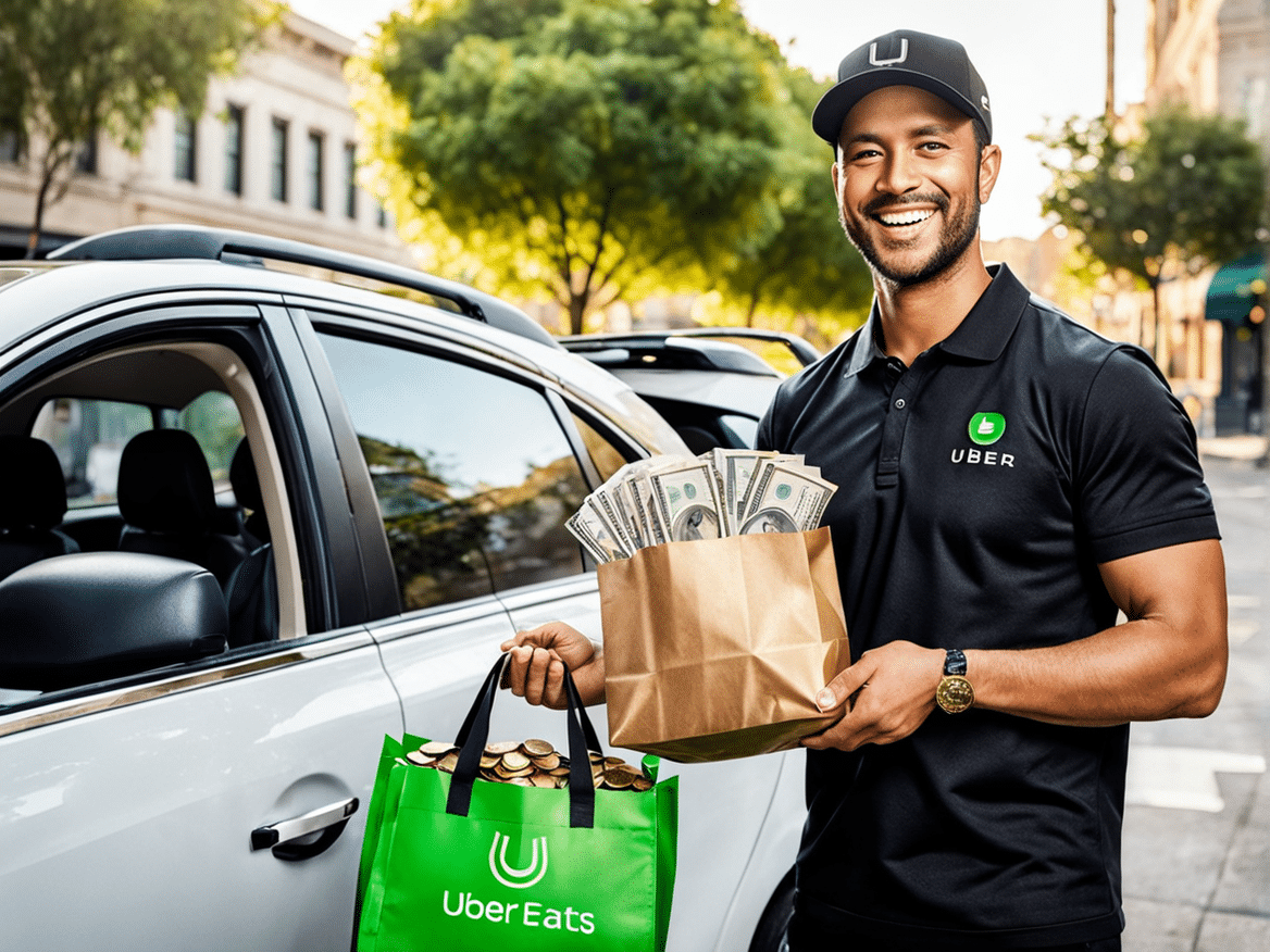 a realistic and engaging image of an uber eats driver earning a lot of money show the driver smilin
