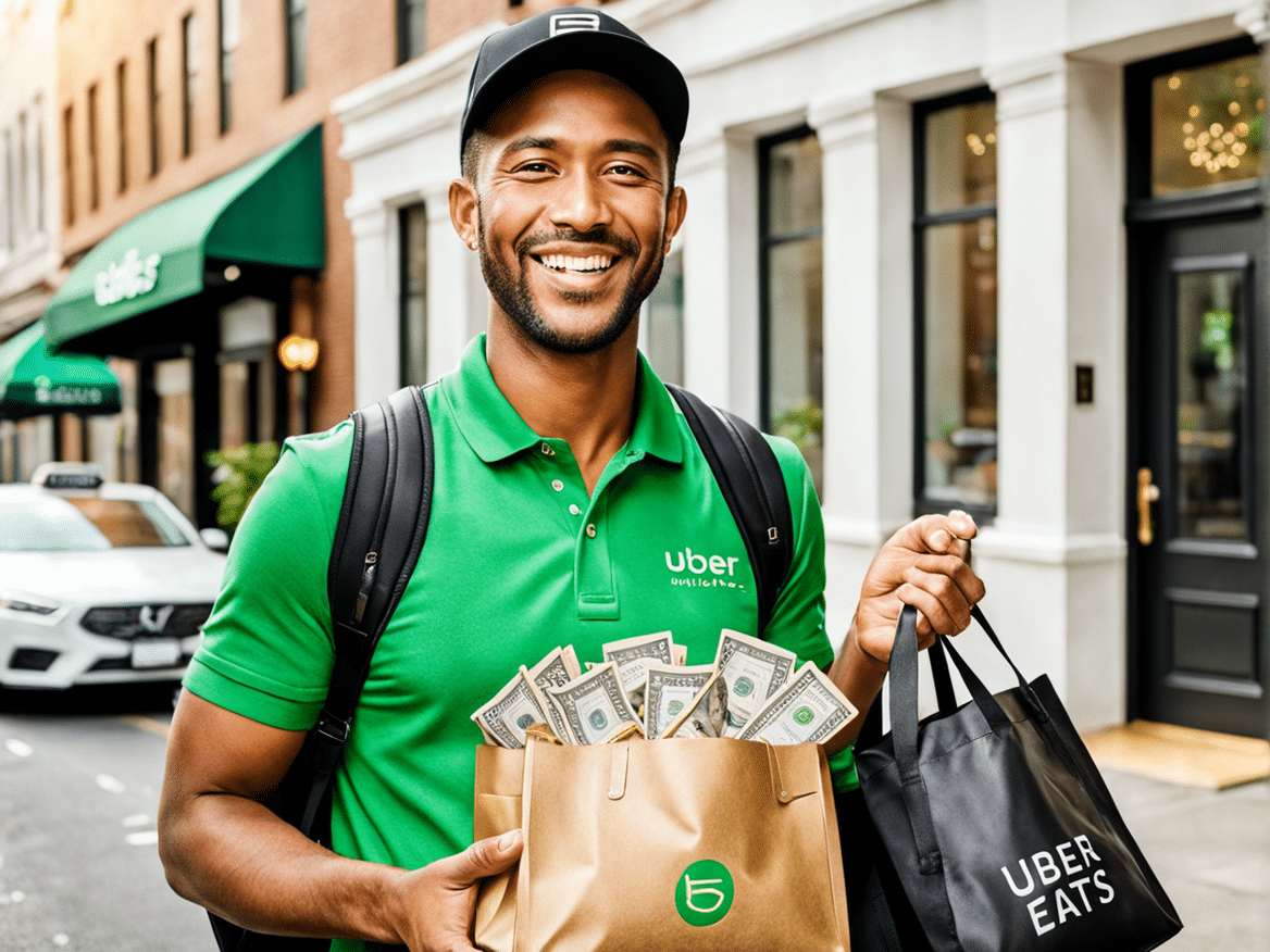 a realistic and engaging image of an uber eats driver show the driver smiling and holding a deliver 1