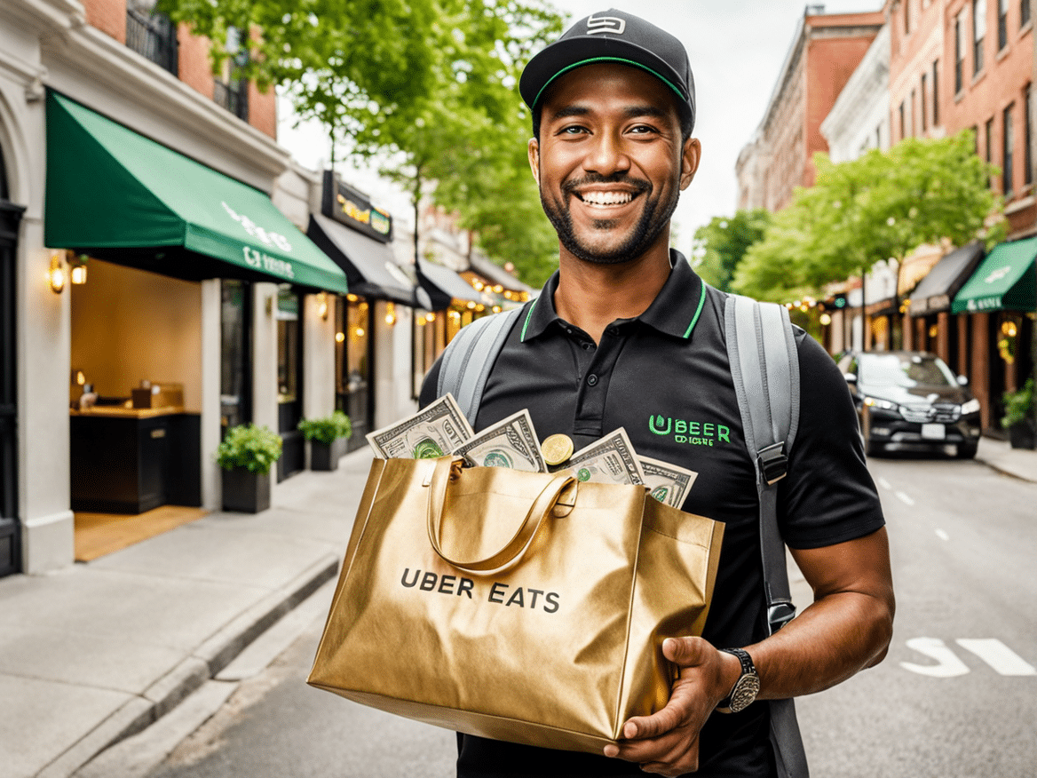 a realistic and engaging image of an uber eats driver show the driver smiling and holding a deliver