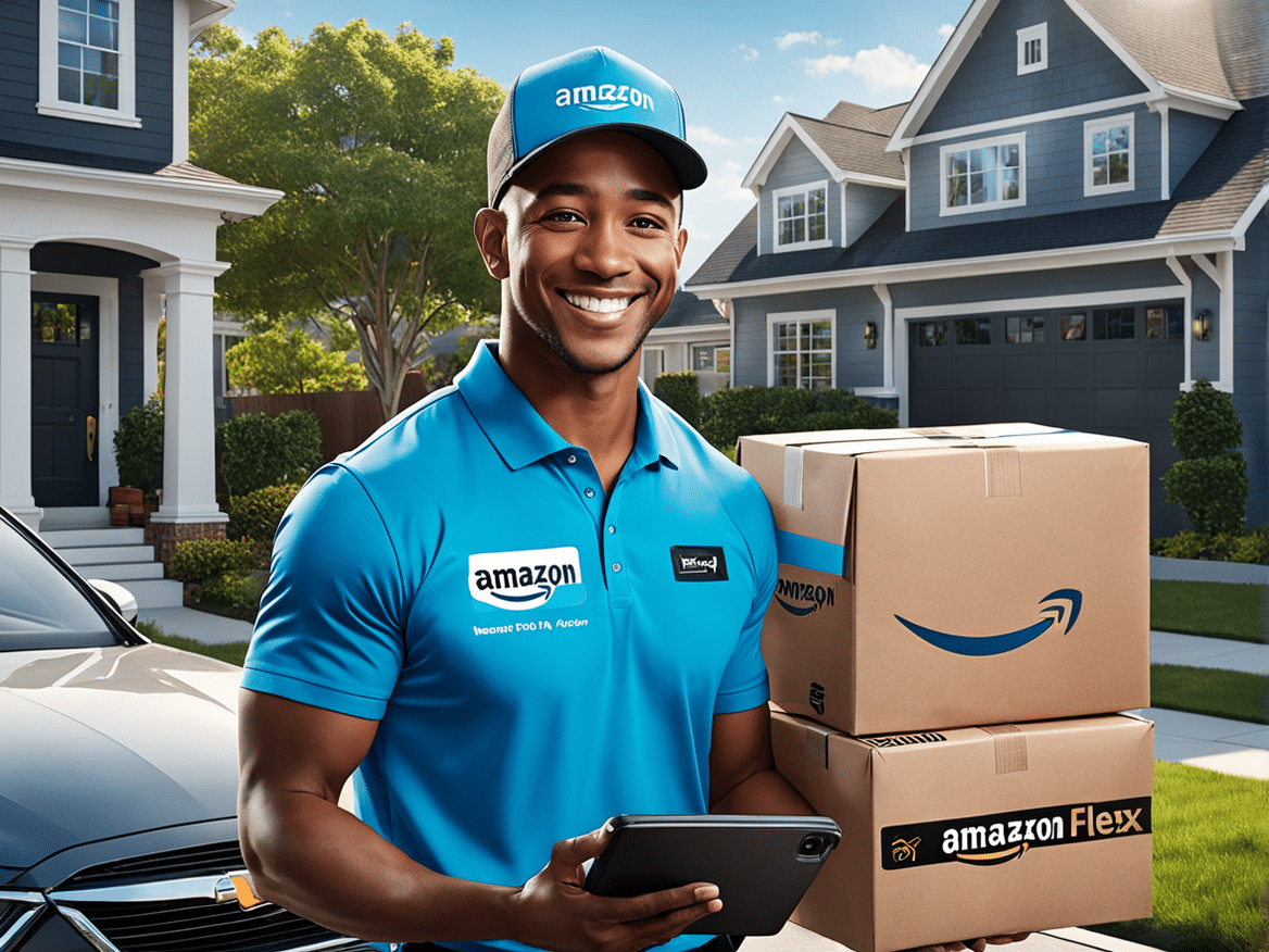 a realistic image of a person delivering packages for amazon flex show the person smiling and holdi