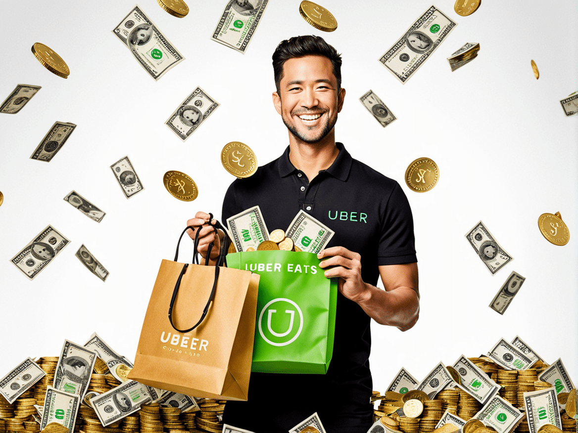 a realistic image of a person earning a lot of money through uber eats show the person smiling and