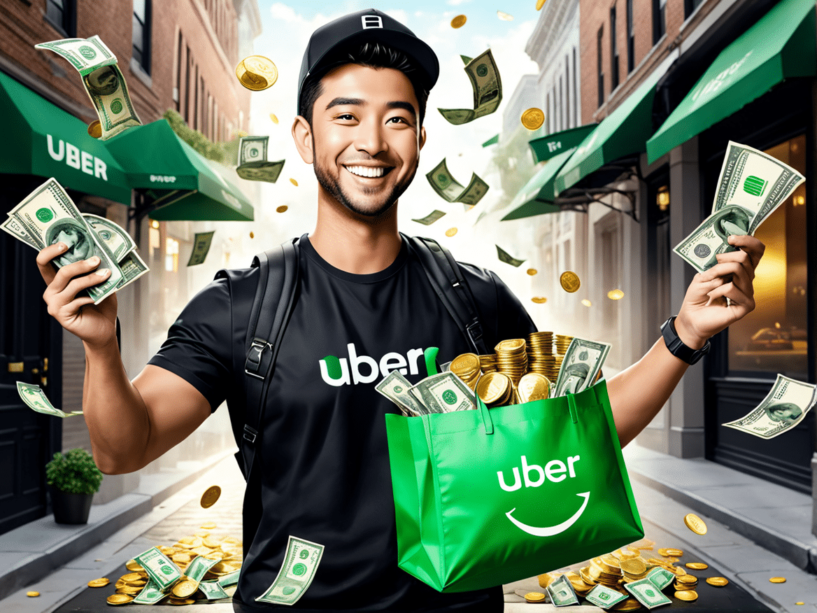 a realistic image of a person earning a lot of money through uber eats show the person smiling and 2