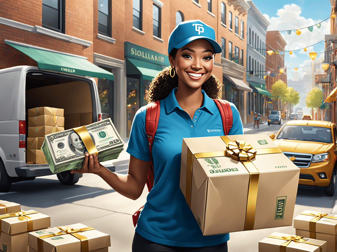 a realistic image of a person earning money by delivering goods show the person smiling and holding