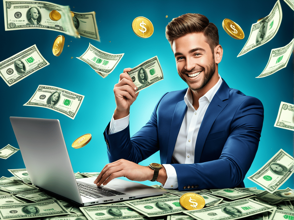 a realistic image of a person earning money through affiliate marketing show the person smiling and